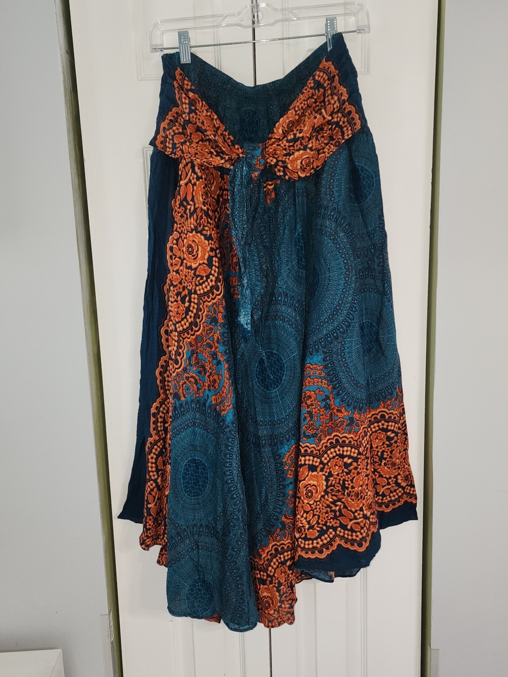 Bohemian Teal and Orange Circle Skirt with Tie Waist - Picture 3 of 8